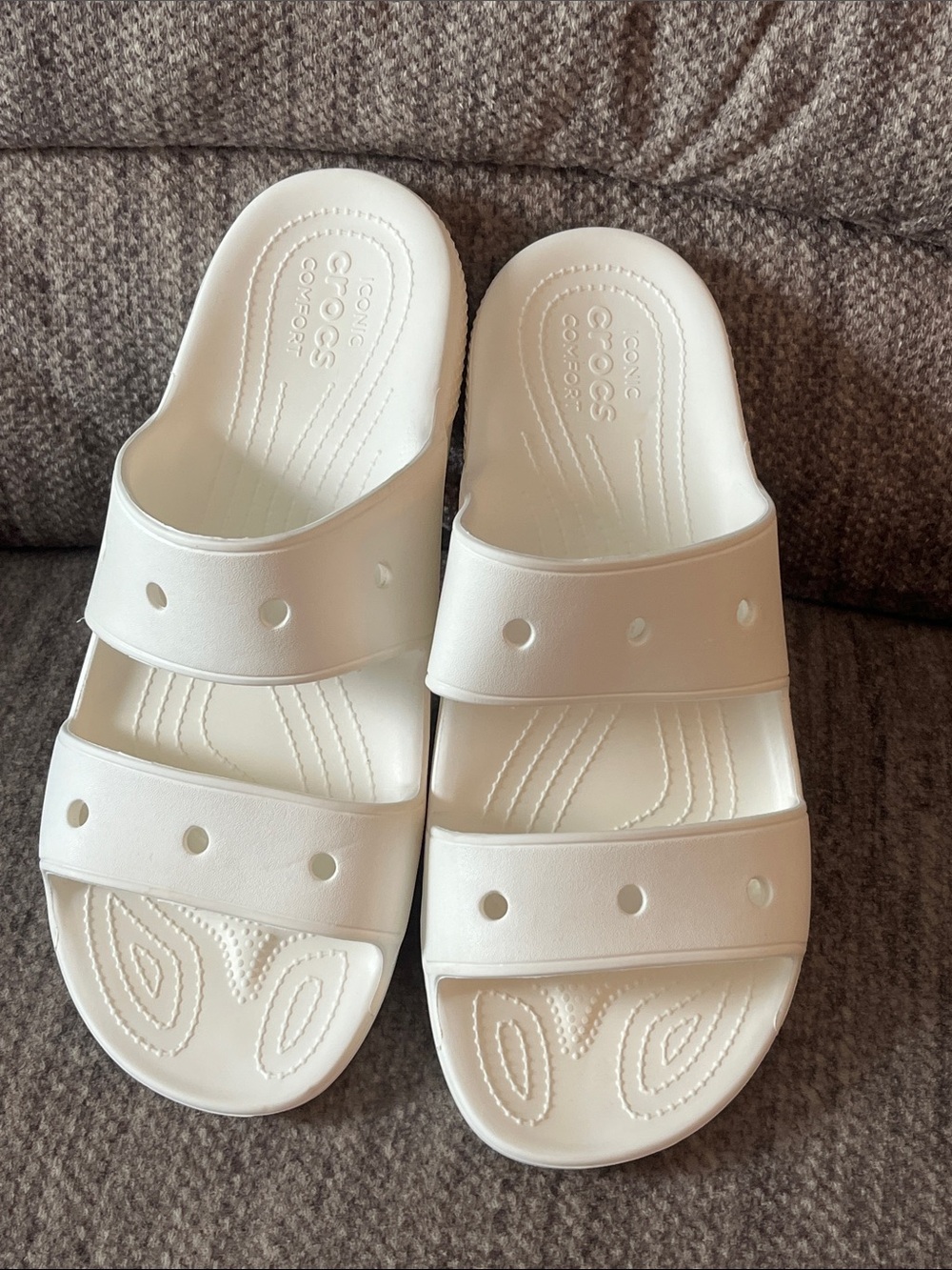 CROCS White Double-Band Slide Sandals Size 13 Men’s Iconic Comfort Excellent